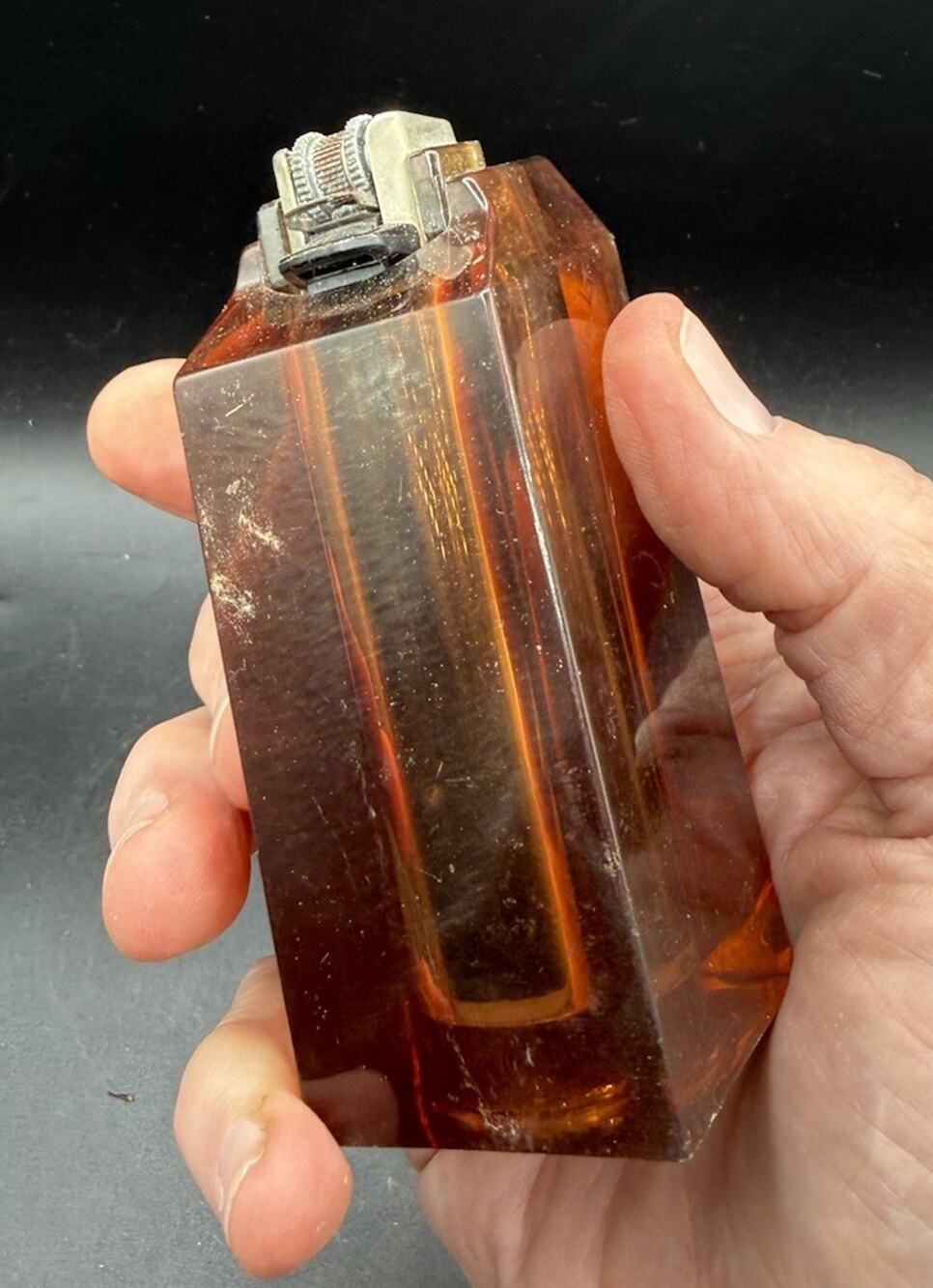 Vintage 1950’s Amber Color Lucite Acrylic Lighter Holder Cigarette Lighter C36